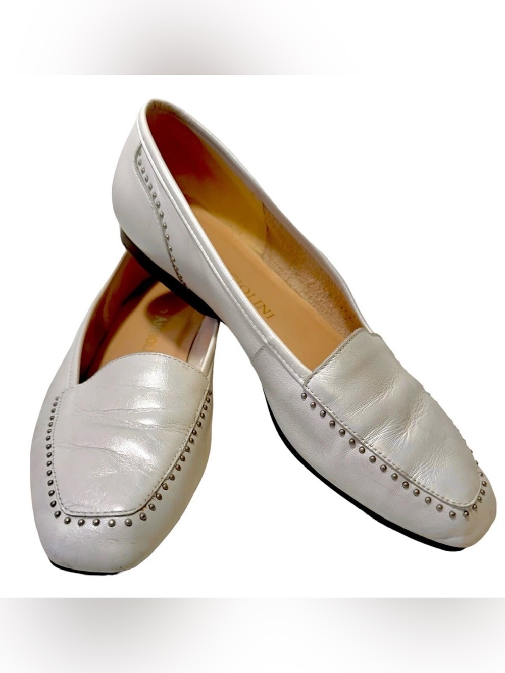 Anzo Angiolini Liberty Womens Size 8M Champagne Studded Leather Loafer Flat Shoe